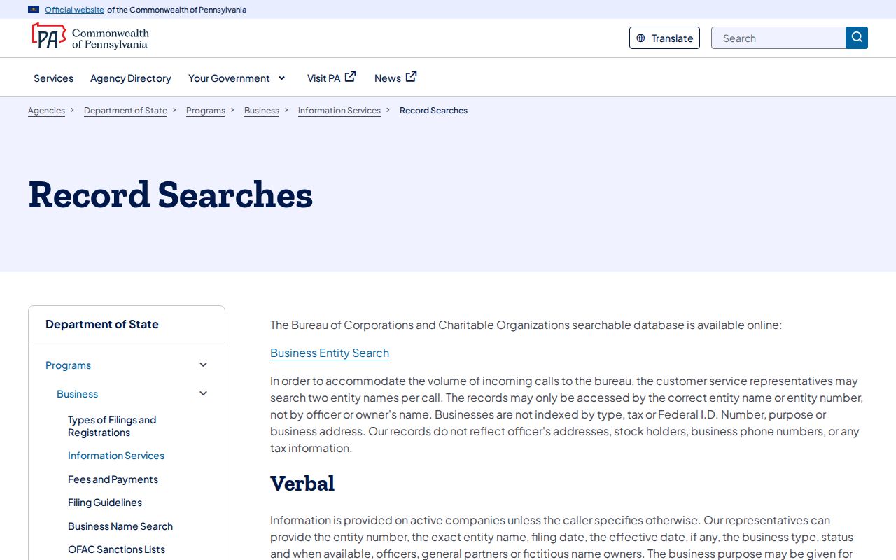 Berks County residents directory Pennsylvania Department of State record search information