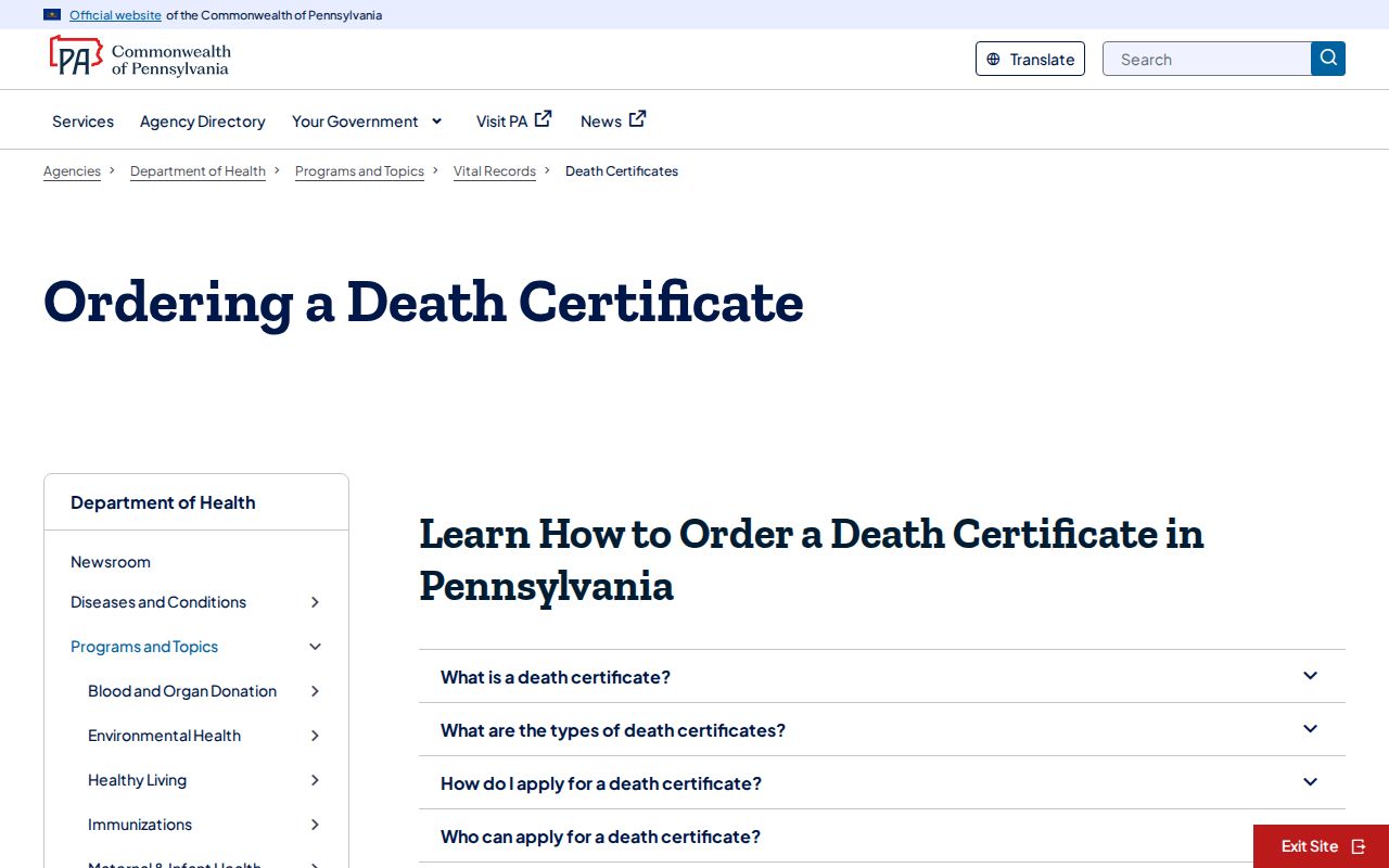 Berks County residents directory Pennsylvania death certificate ordering page