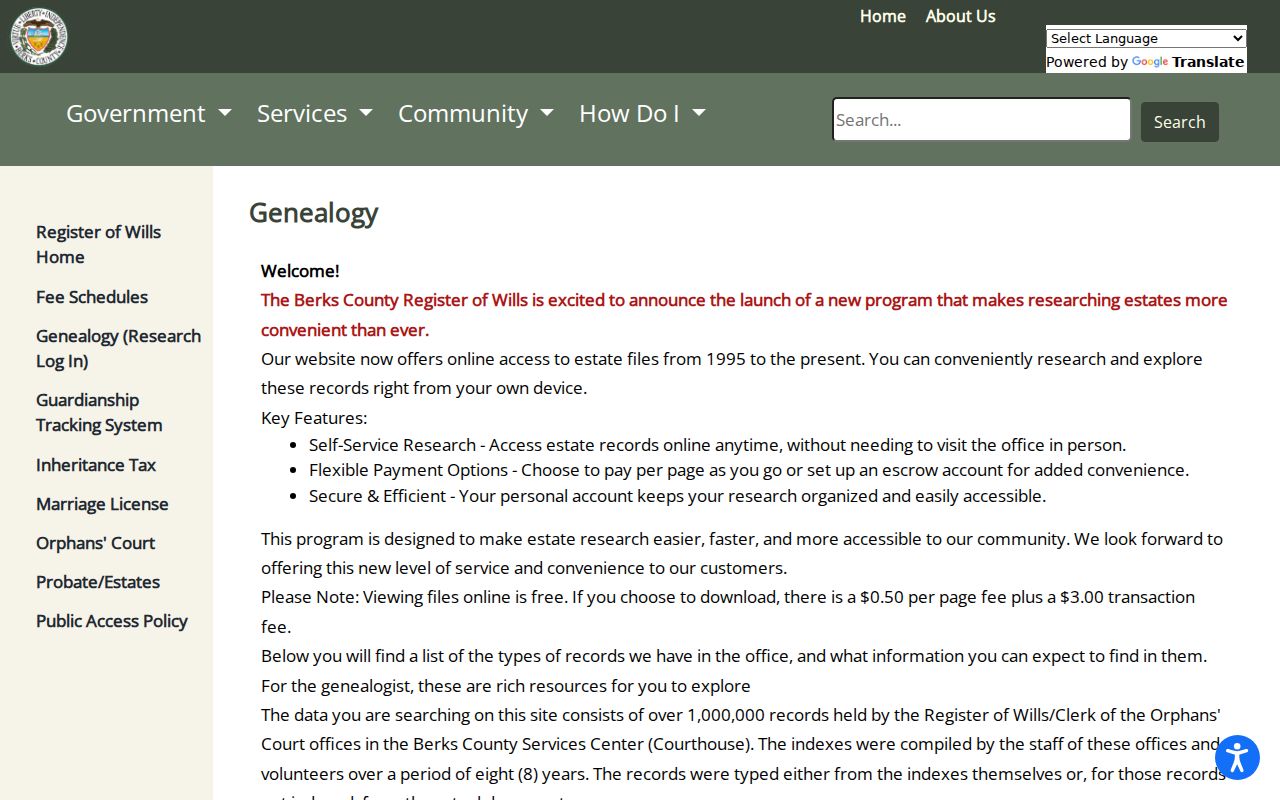 Berks County residents directory Register of Wills genealogy search page