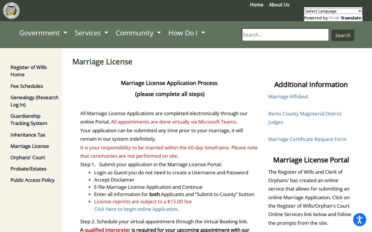 Berks County previous residents Berks marriage license office