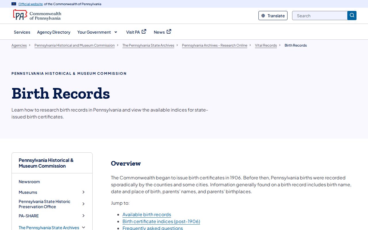 Berks County previous residents Pennsylvania State Archives birth records resource