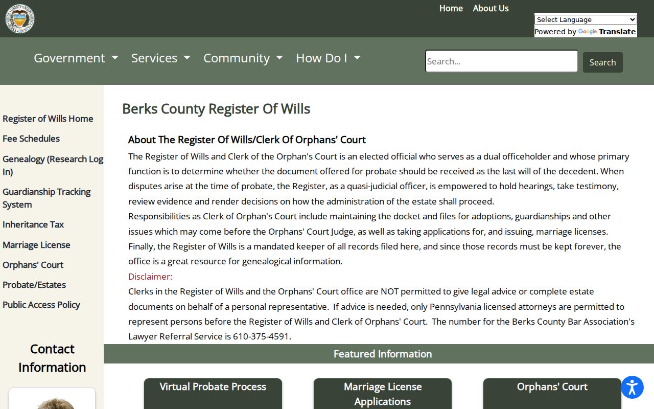 Berks County resident lookup at the Register of Wills