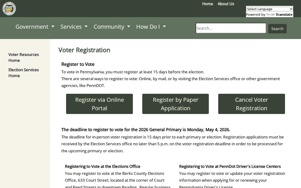 Berks County resident lookup voter information at Election Services
