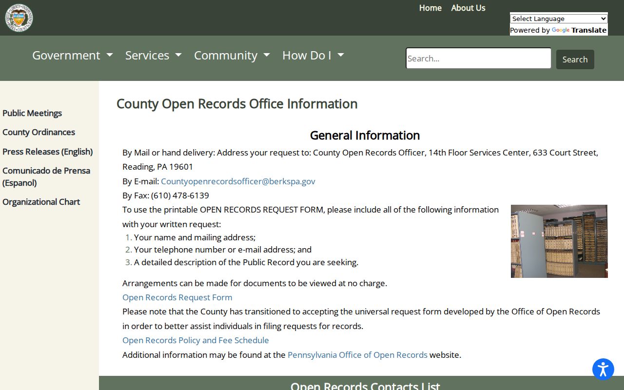 Berks County ZIP code directory County Open Records Office information